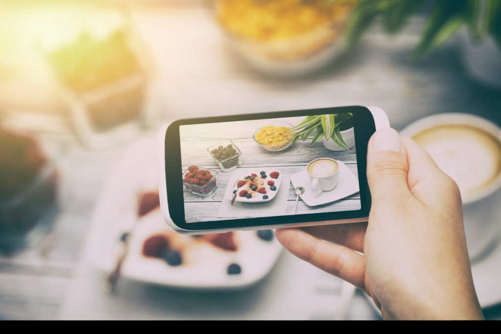 food phone photo selfie hand breakfast smart meal social media - stock image